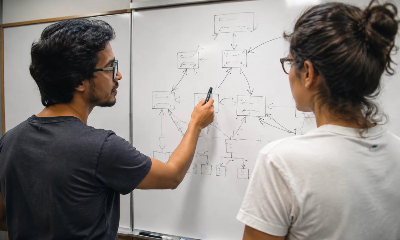 Grupo em sala clara acompanhando a explicação de uma participante que fala de pé