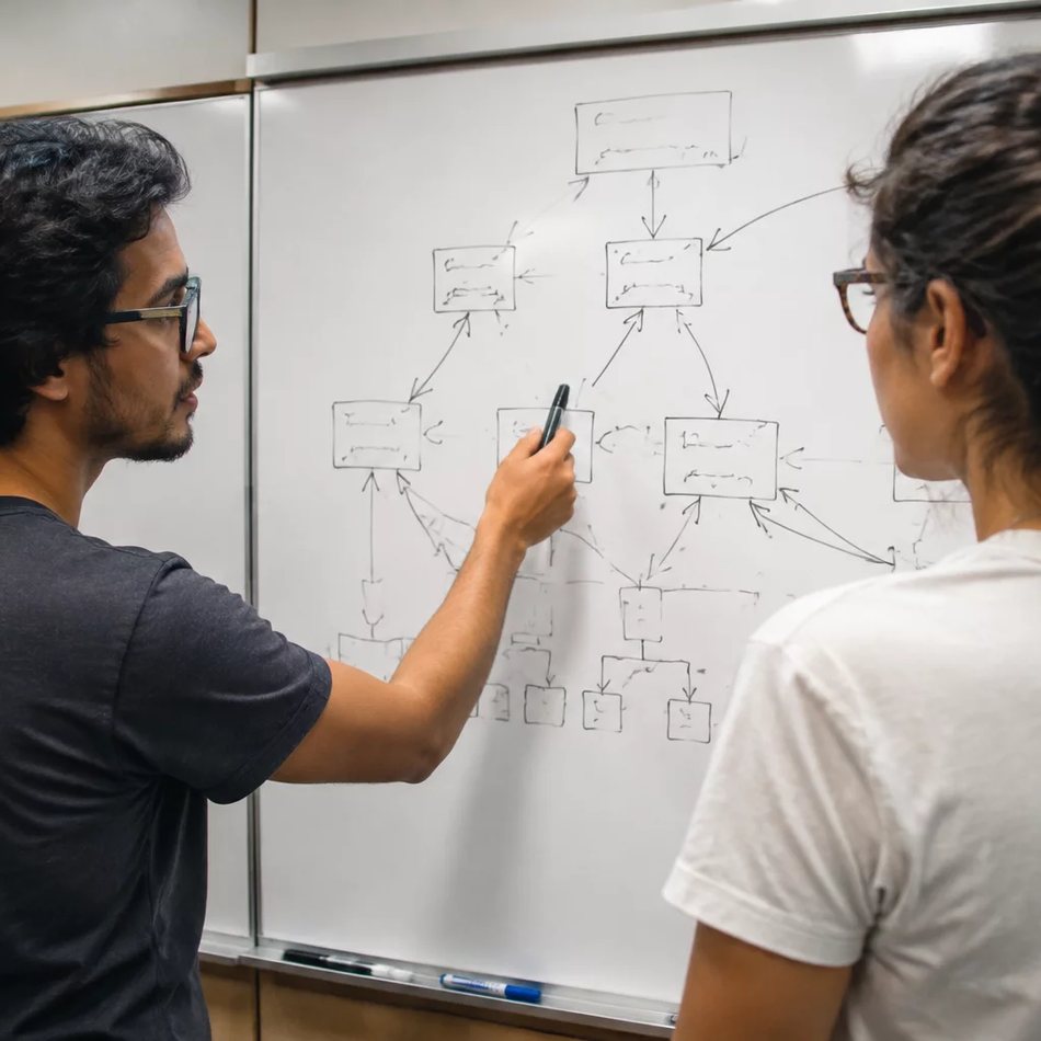 Duas participantes de pé junto ao quadro branco, desenhando as partes de um argumento