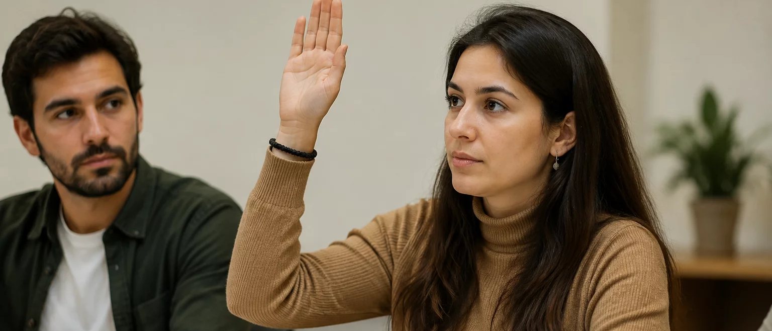 Participante com a mão erguida pedindo a vez, à mesa coberta de folhas escritas