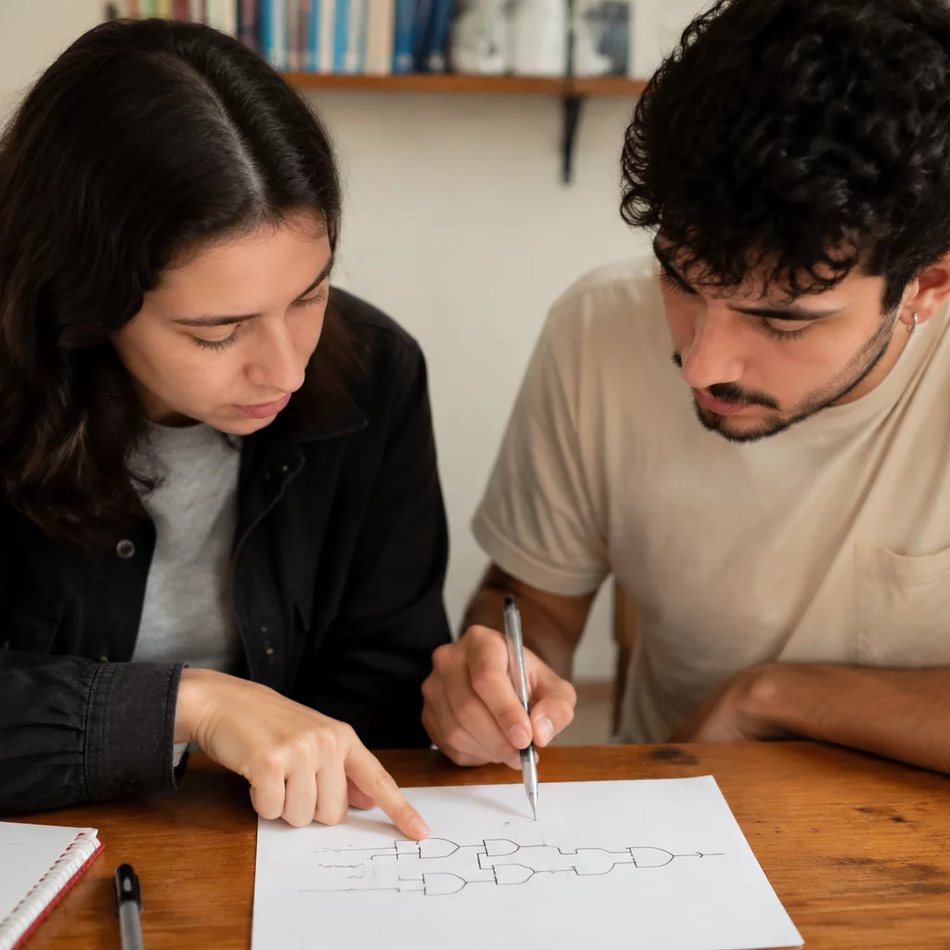 Duas pessoas relendo num tablet as notas da rodada anterior, apoiadas na mesa de madeira